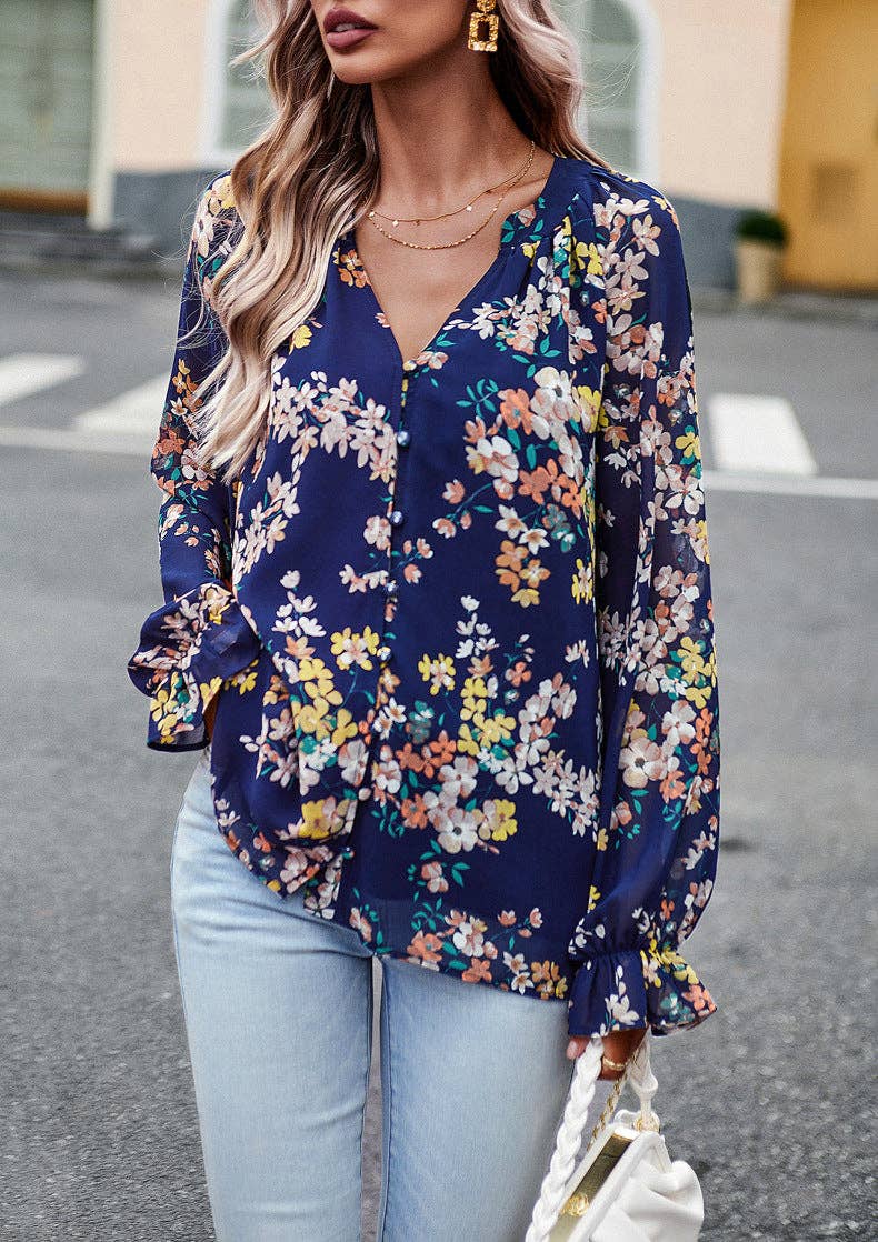 Navy Blue Floral Print V-Neck Long-Sleeved Loose Shirt Top