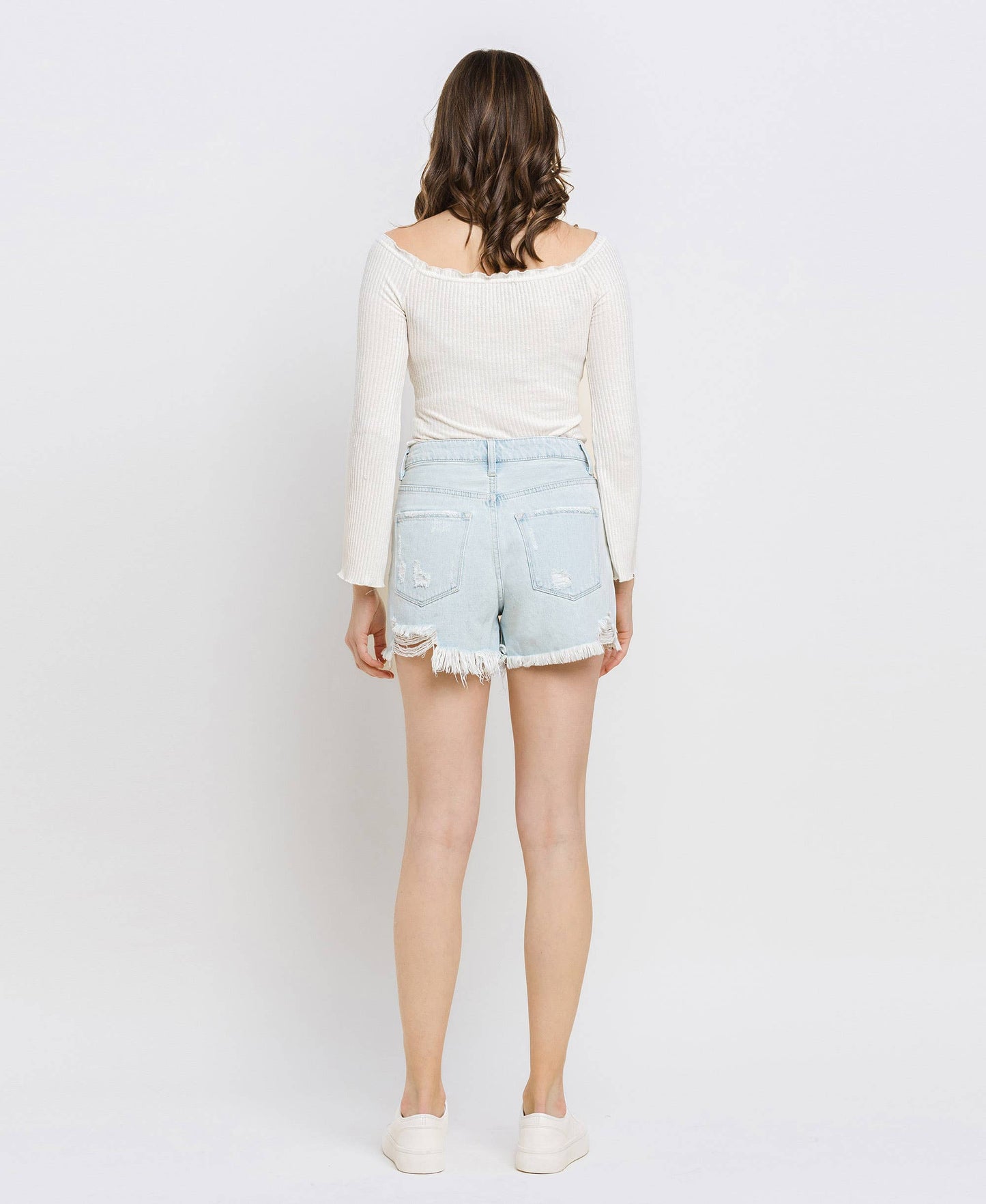 Vintage Edge Super High Rise Distressed Mom Shorts – Non Stretch Denim Cutoffs V2880 Vervet