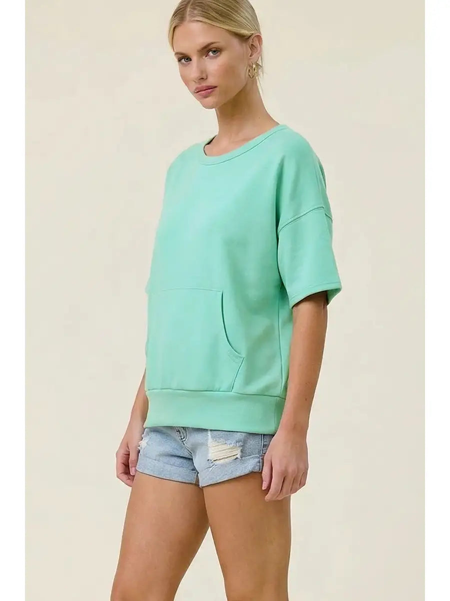 Athleisure Scuba Short Sleeve Top with Kangaroo Pocket – Relaxed Fit Charlotte Avery Top