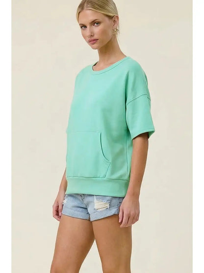 Athleisure Scuba Short Sleeve Top with Kangaroo Pocket – Relaxed Fit Charlotte Avery Top