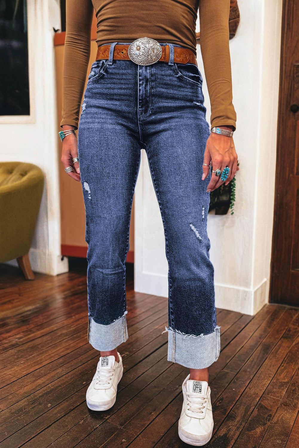 Real Teal Distressed High Waist Straight Leg Jeans with Folded Cuffs