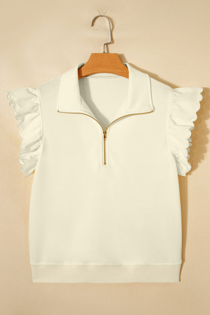 ~PREORDER ~ Beige Zip Collared Ruffle Sleeve Blouse ~PREORDER ~