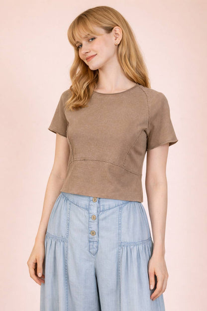Mineral Washed Fitted Crop Top | Raw Edge Short Sleeve Tee