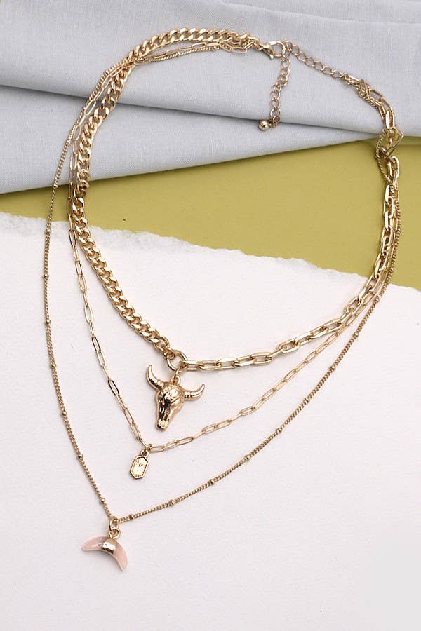 Desert Charm Layered Necklace | Bull Horn Multi Layer Gold Necklace
