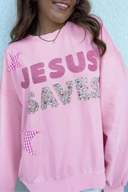 ~PREORDER~ Jesus Saves Pink Patchwork Star Sweatshirt ~PREORDER~