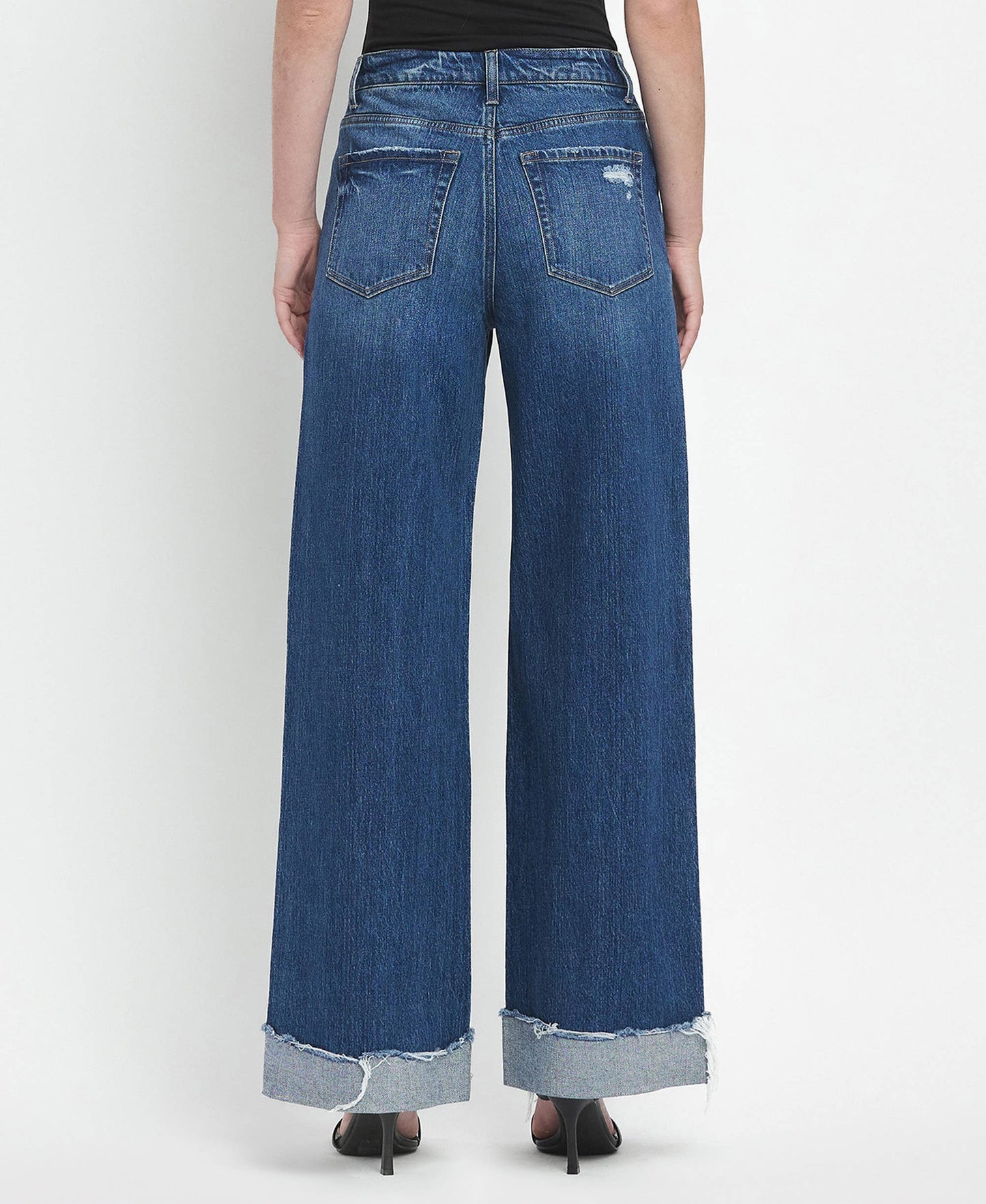 Vervet Super High Rise Baggy Wide Leg Jeans | Dark Wash Cuffed Denim T6614