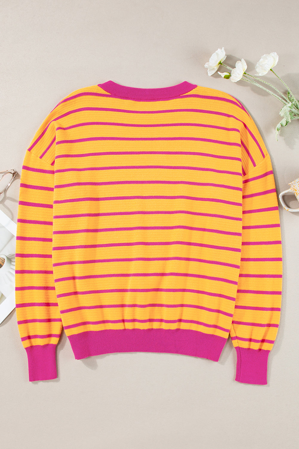 Stripe Trimmed Round Neck Drop Shoulder Sweater – Relaxed Fit Striped Knit
