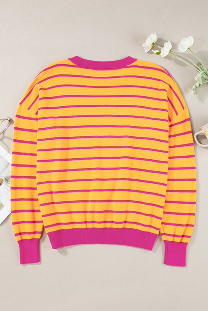 Stripe Trimmed Round Neck Drop Shoulder Sweater – Relaxed Fit Striped Knit