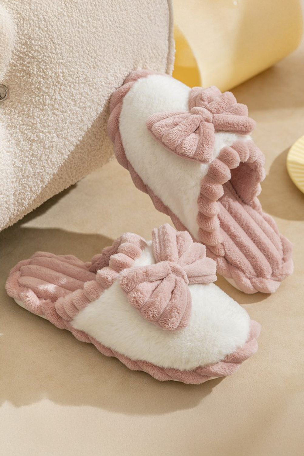 Blush Bow Plush Slippers | Color Block Ribbed Lounge Slippers