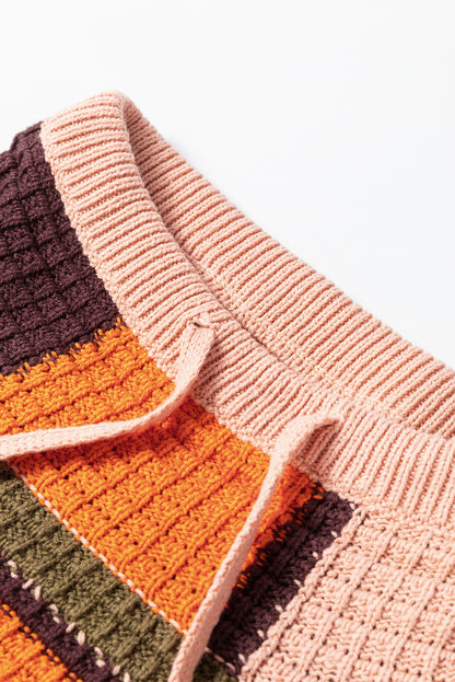 Orange Color-Block Waffle-Knit Mock-Neck Sweater – Drawstring Detail