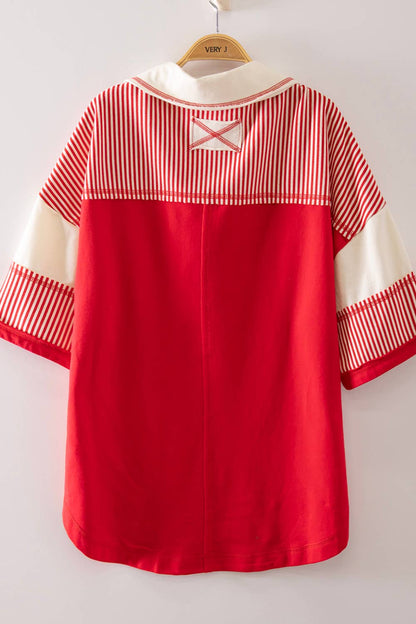 Oversized Collared Knit Top | Contrast Detail Half Sleeve Casual Shirt