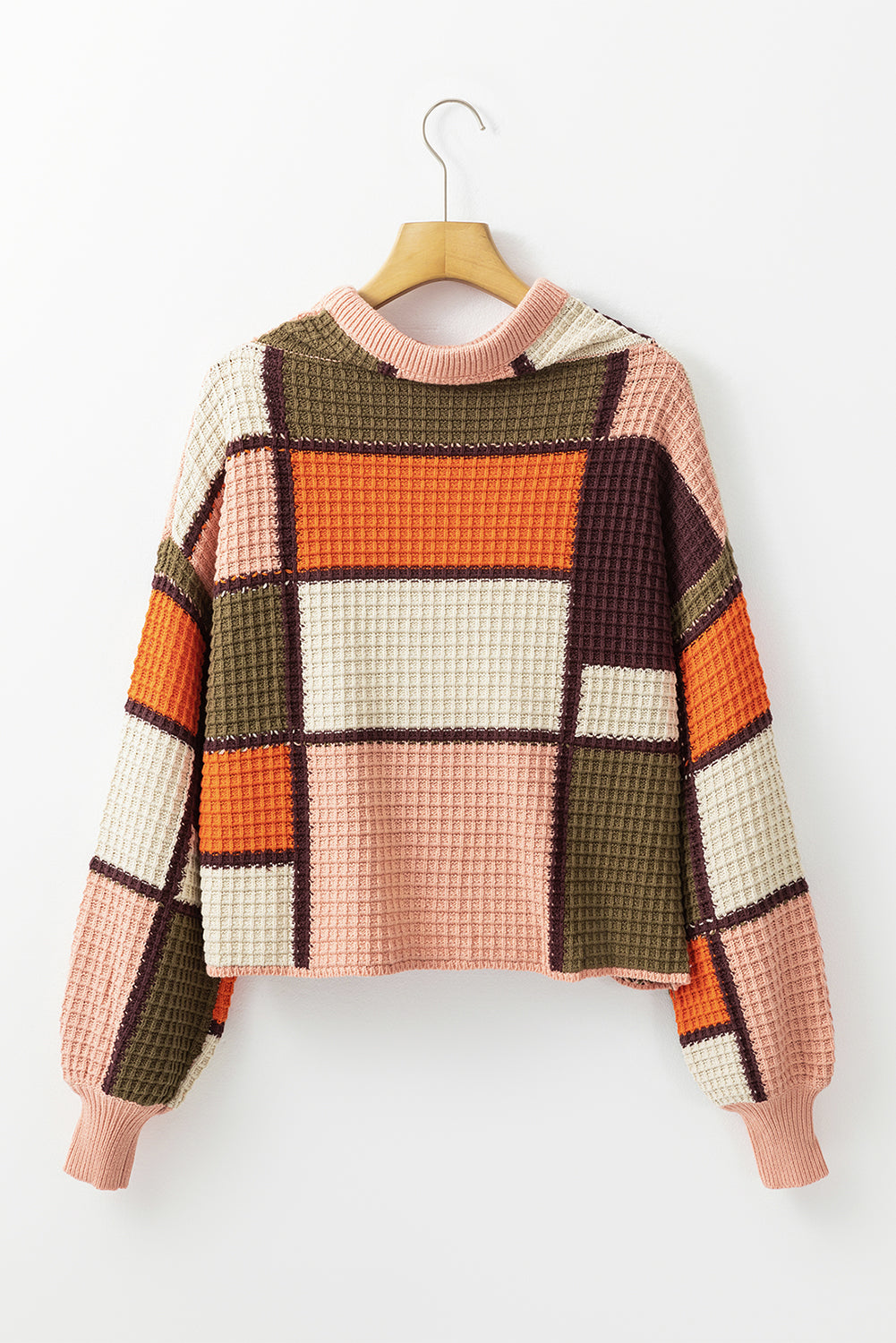 Orange Color-Block Waffle-Knit Mock-Neck Sweater – Drawstring Detail