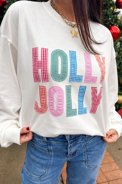 Holly Jolly Patchwork Sweatshirt | White Christmas Graphic Pullover