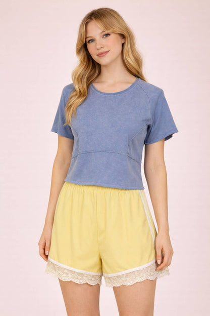 Mineral Washed Fitted Crop Top | Raw Edge Short Sleeve Tee