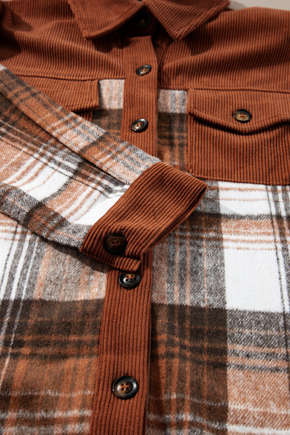 Plaid Corduroy Patchwork Shacket with Chest Pocket – Trendy Oversized Fall Jacket