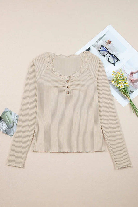Cream Lace Trim Ribbed Henley Top