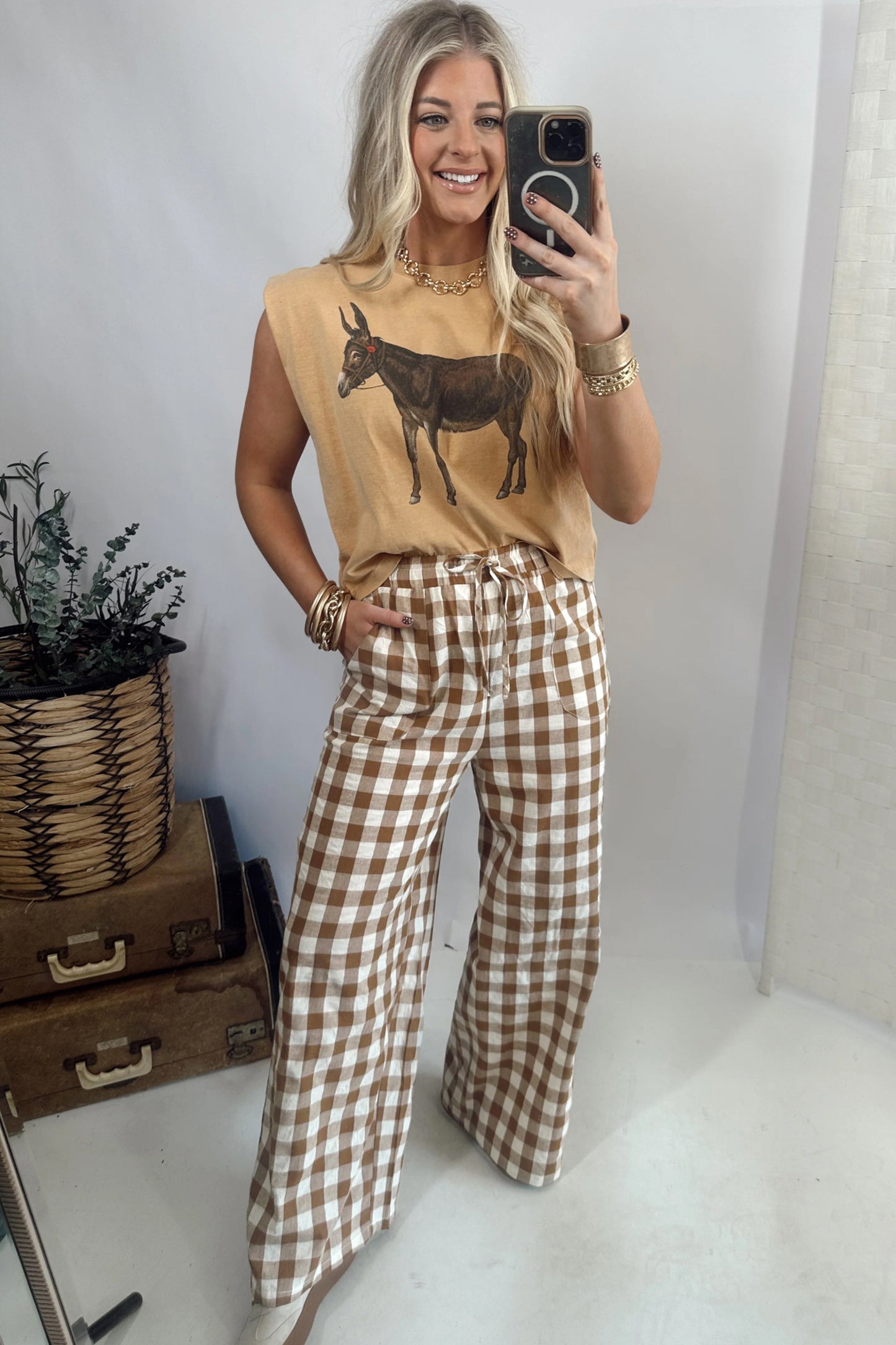 ~PREORDER ~ Brown Gingham Plaid Tie Elastic Waist Shift Pants ~PREORDER ~