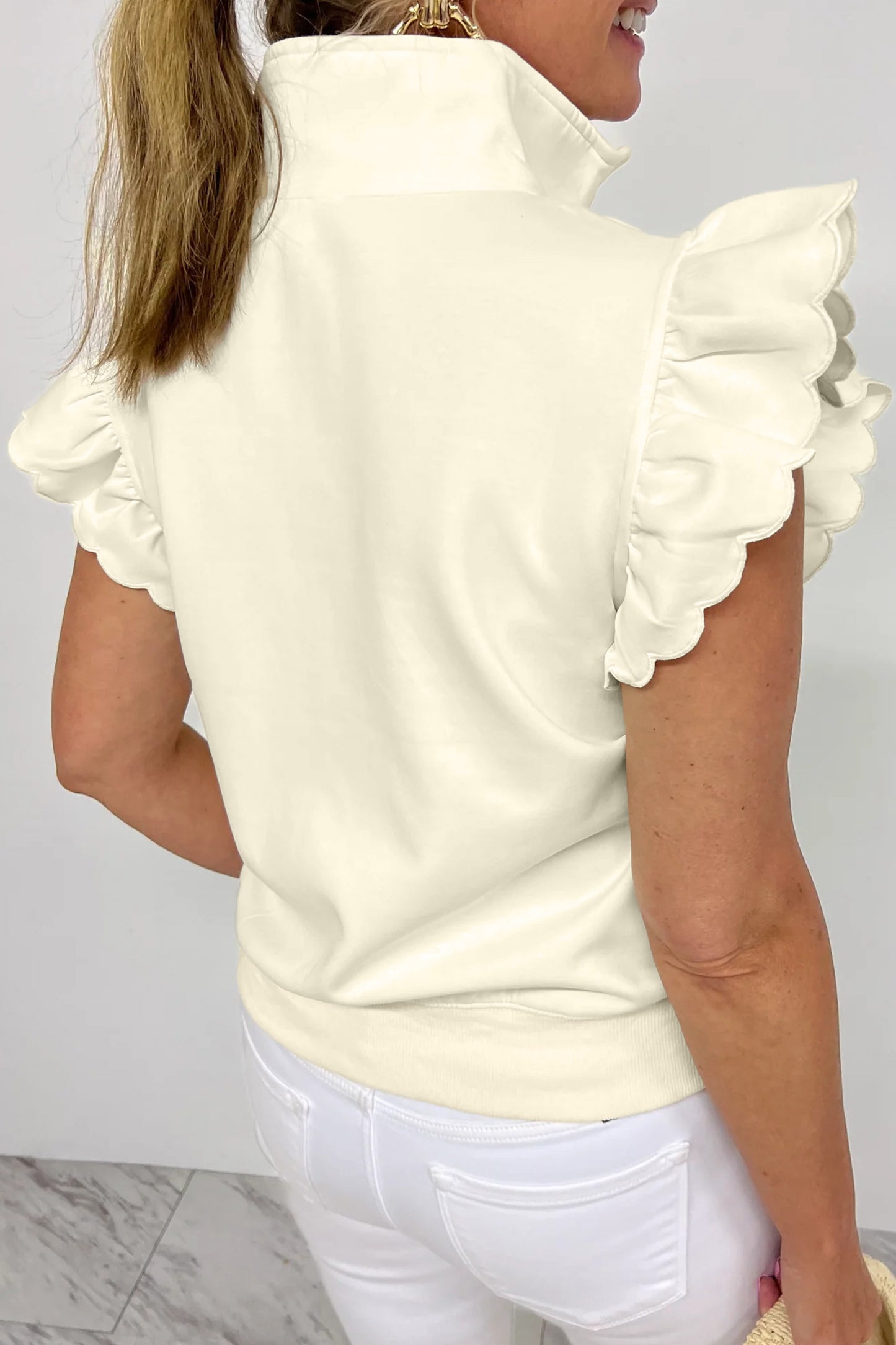 ~PREORDER ~ Beige Zip Collared Ruffle Sleeve Blouse ~PREORDER ~