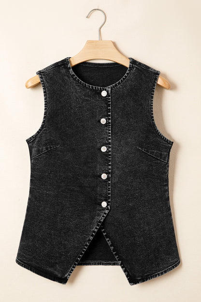 ~PREORDER ~ Black Denim Button Front Slit Vest ~PREORDER ~