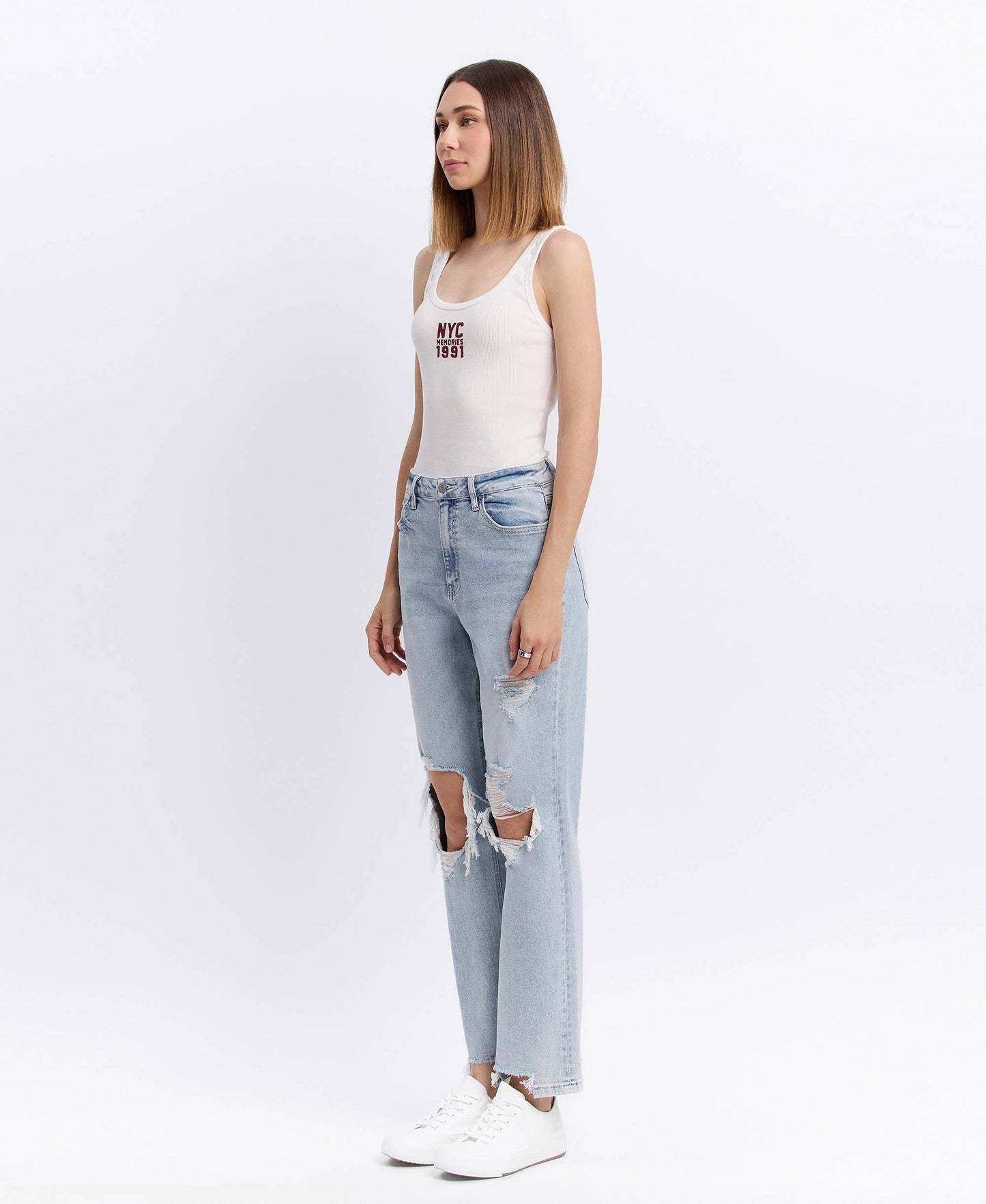90s Icon Super High Rise Distressed Straight Leg Jeans – Comfort Stretch Ankle Denim Vervet T5933