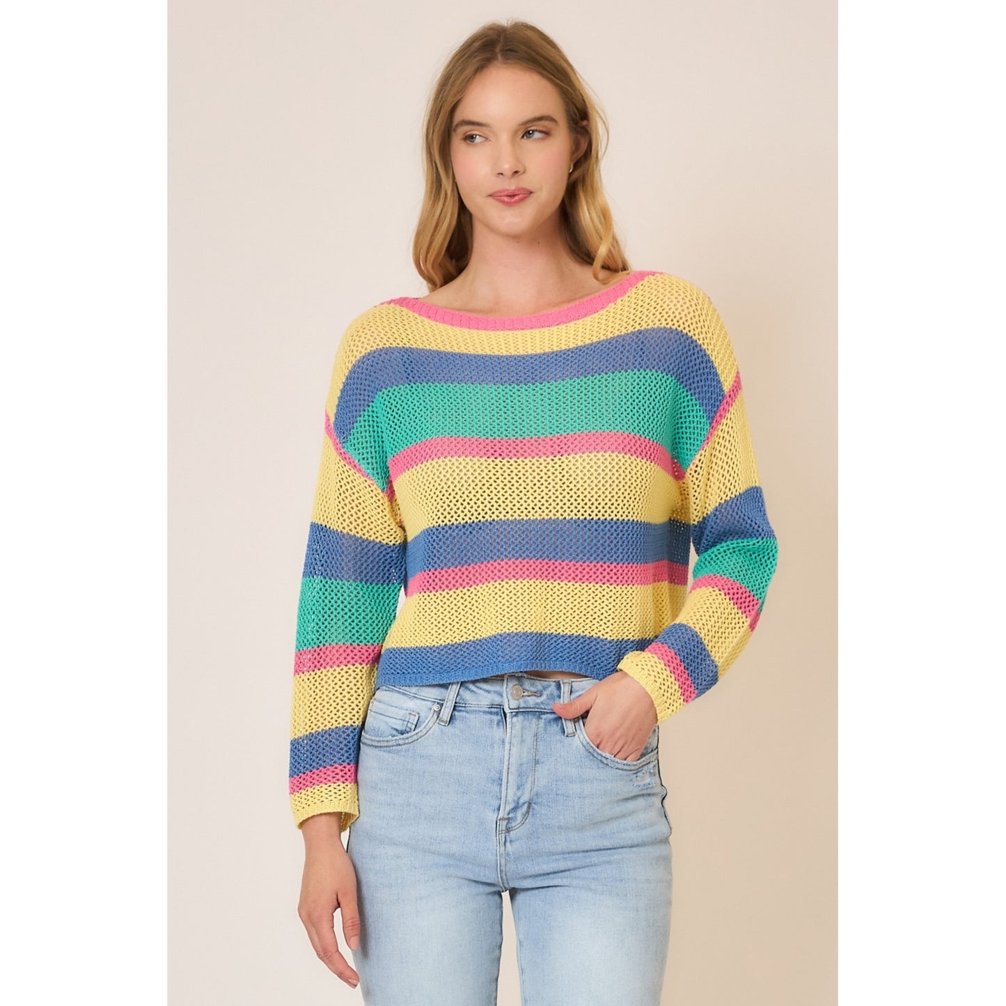 Sunset Stripe Open Knit Sweater – Lightweight Multi Color Cropped Pullover
