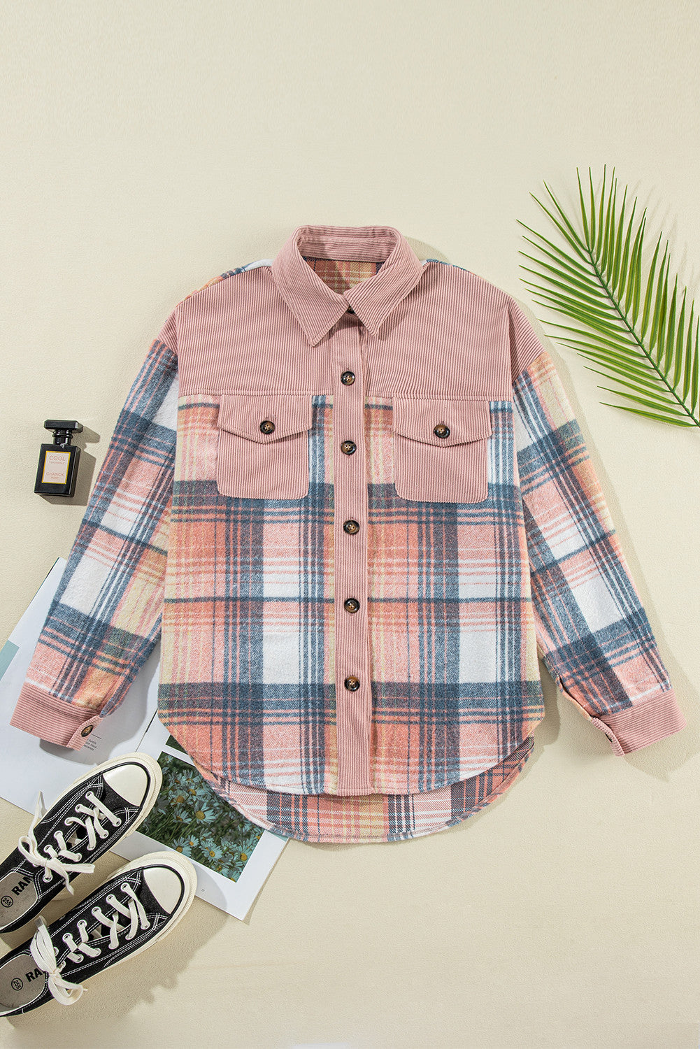 Plaid Corduroy Patchwork Shacket with Chest Pocket – Trendy Oversized Fall Jacket