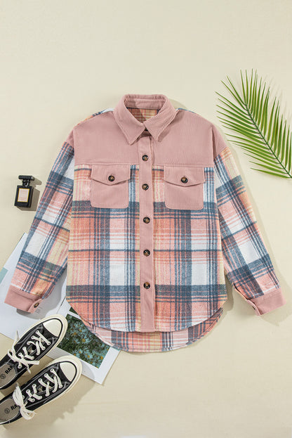 Plaid Corduroy Patchwork Shacket with Chest Pocket – Trendy Oversized Fall Jacket