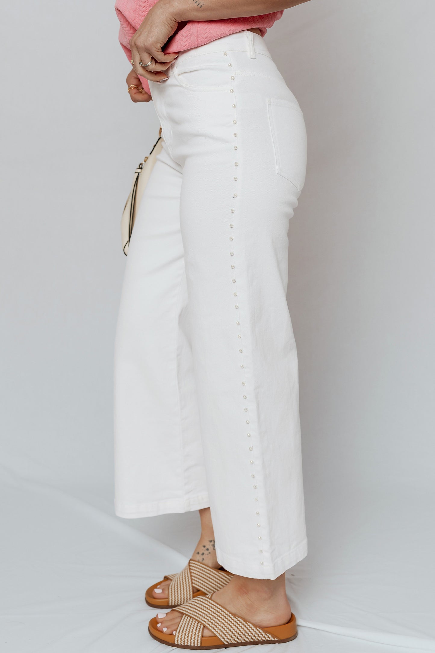 ~PREORDER ~ White Pearl Embellished Side Seam Ankle-Length Jeans ~PREORDER ~