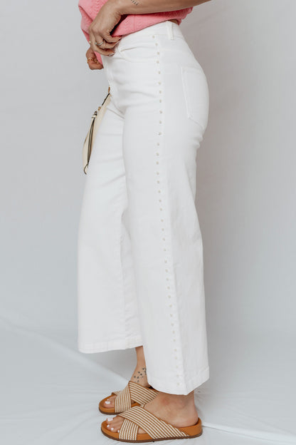~PREORDER ~ White Pearl Embellished Side Seam Ankle-Length Jeans ~PREORDER ~