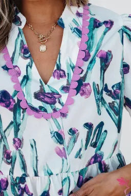 Purple Floral Ricrac Trim Half Sleeve Peplum Top | Romantic V-Neck Ruffle Blouse