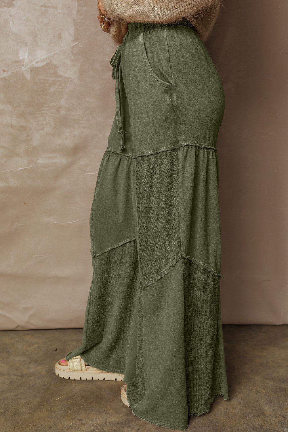 Vineyard Vibes Mineral Wash Patchwork Wide Leg Pants – Tiered Drawstring Lounge Pants