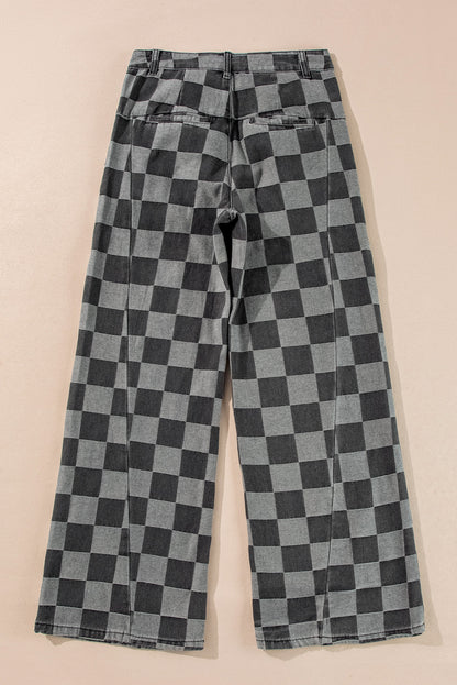~PREORDER ~ Dark Grey Checkered Denim Wide Leg Jeans ~PREORDER ~
