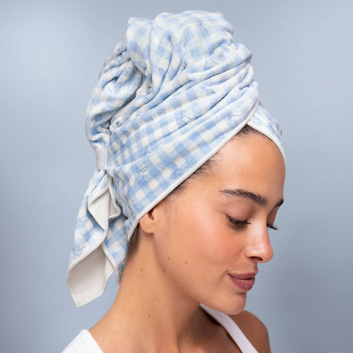 Kitsch XL Hair Towel Wrap – Gingham Blue | Oversized Microfiber Hair Drying Turban