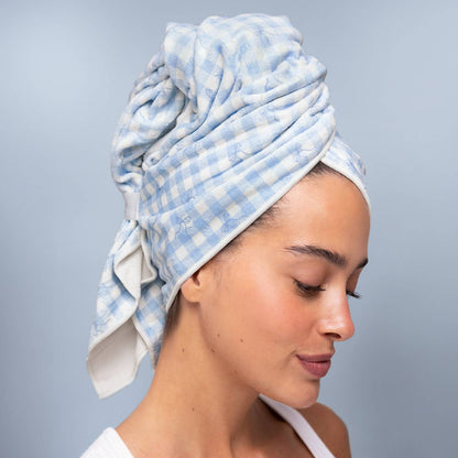 Kitsch XL Hair Towel Wrap – Gingham Blue | Oversized Microfiber Hair Drying Turban