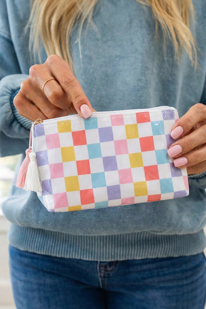 Pastel Checkered Tassel Makeup Bag | Waterproof Vinyl Zipper Pouch