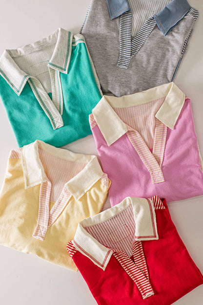 Oversized Collared Knit Top | Contrast Detail Half Sleeve Casual Shirt