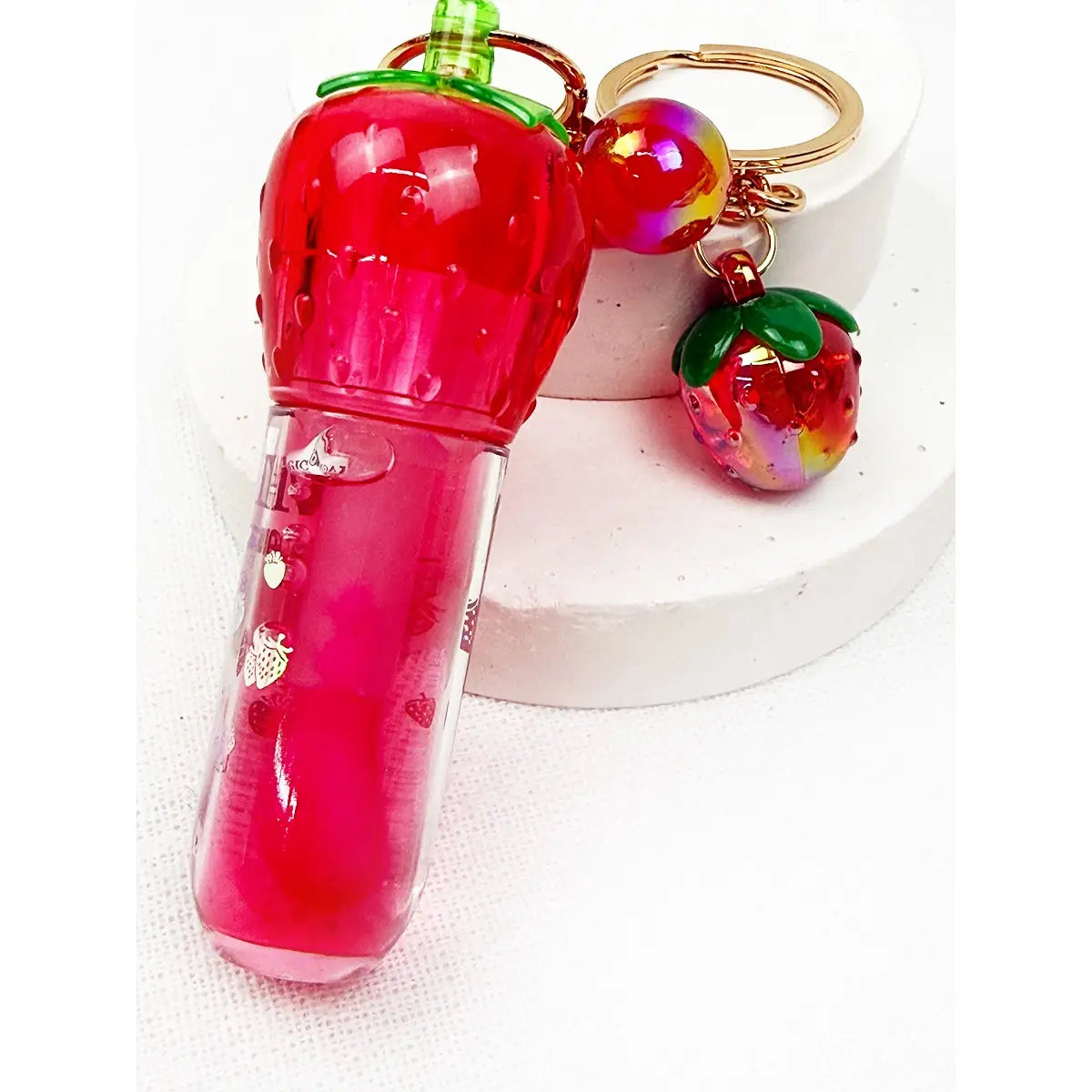Strawberry Charm Lip Gloss Keychain | Mini Strawberry Lip Oil Key Ring