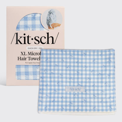 Kitsch XL Hair Towel Wrap – Gingham Blue | Oversized Microfiber Hair Drying Turban