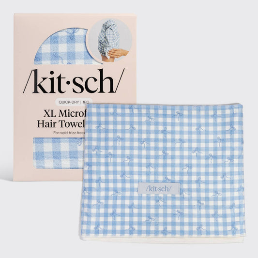Kitsch XL Hair Towel Wrap – Gingham Blue | Oversized Microfiber Hair Drying Turban