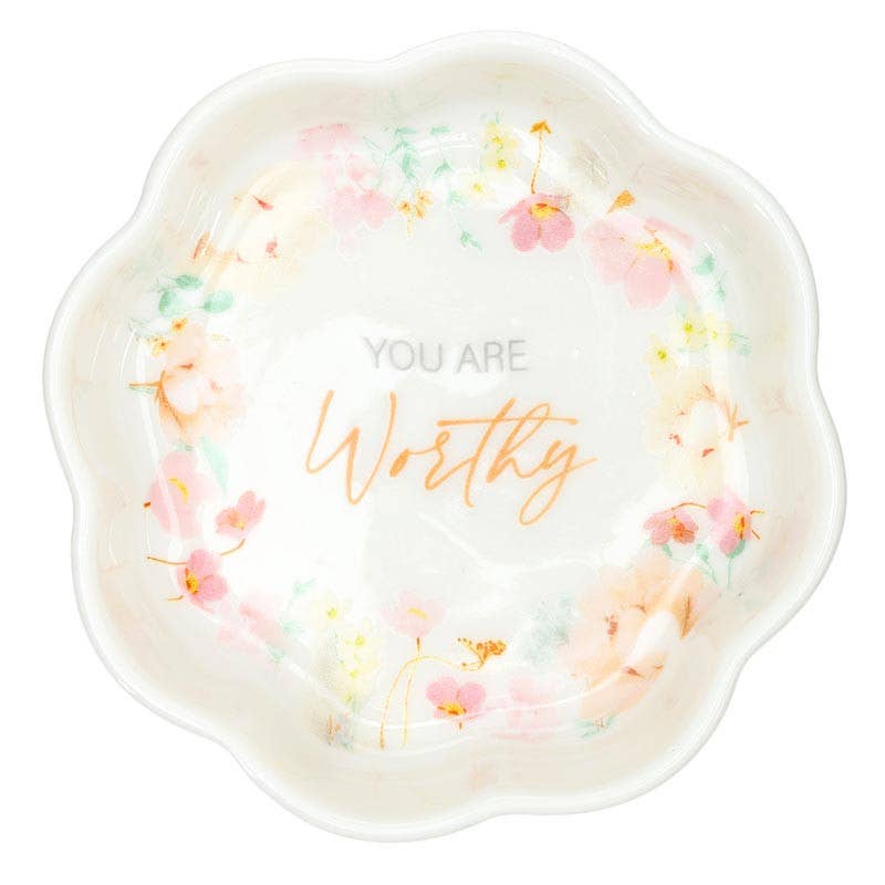 You Are Worthy Ceramic Trinket Tray | Floral Faith Jewelry Dish