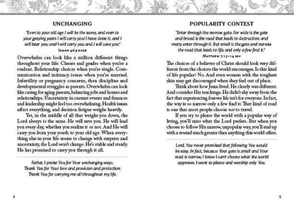 “Cover of 180 Devotions for When Life Is Overwhelming by Hilary Bernstein”

“Inside spread showing a devotion page”

“Paperback devotional book — pocket size”