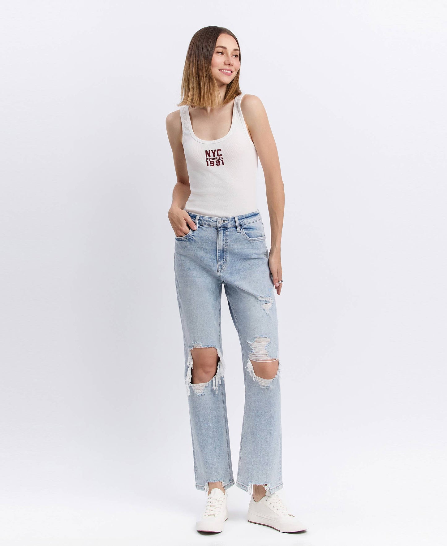 90s Icon Super High Rise Distressed Straight Leg Jeans – Comfort Stretch Ankle Denim Vervet T5933
