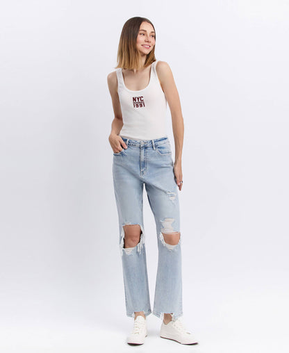 90s Icon Super High Rise Distressed Straight Leg Jeans – Comfort Stretch Ankle Denim Vervet T5933