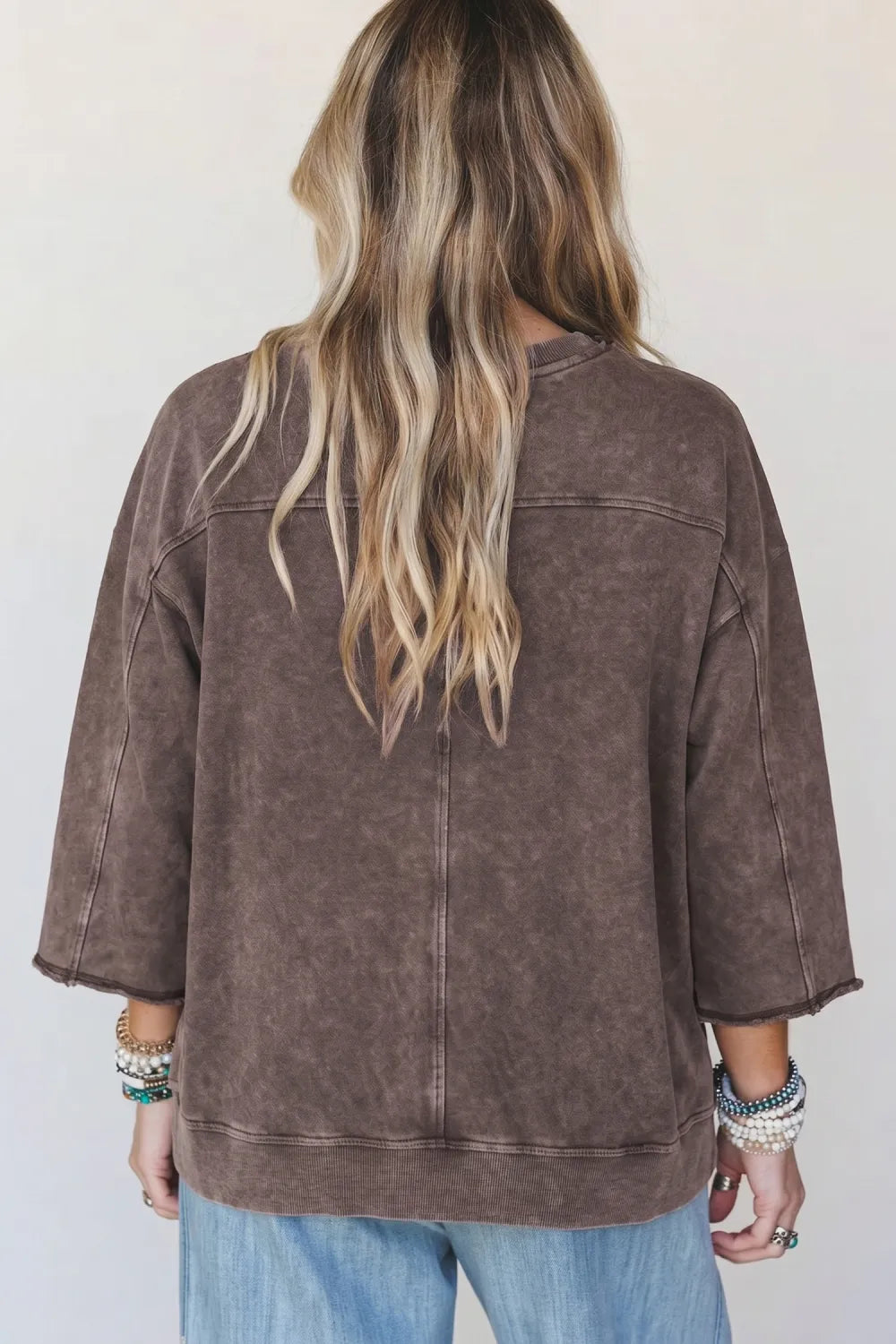 ~PREORDER~ Dark Brown 3/4 Sleeve Mineral Wash Loose Cotton Top ~PREORDER~