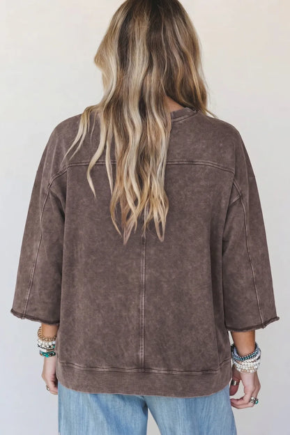 ~PREORDER~ Dark Brown 3/4 Sleeve Mineral Wash Loose Cotton Top ~PREORDER~