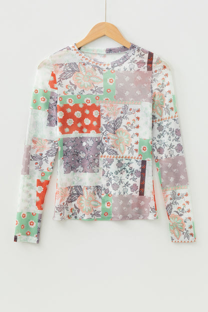 Vintage Garden Patchwork Mesh Top – Floral Mock Neck Sheer Fitted Layering Top