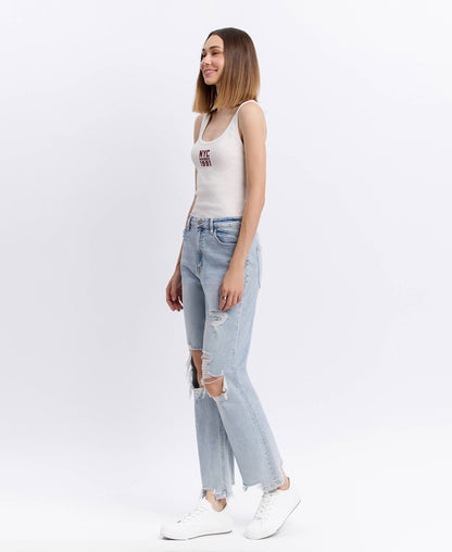 90s Icon Super High Rise Distressed Straight Leg Jeans – Comfort Stretch Ankle Denim Vervet T5933