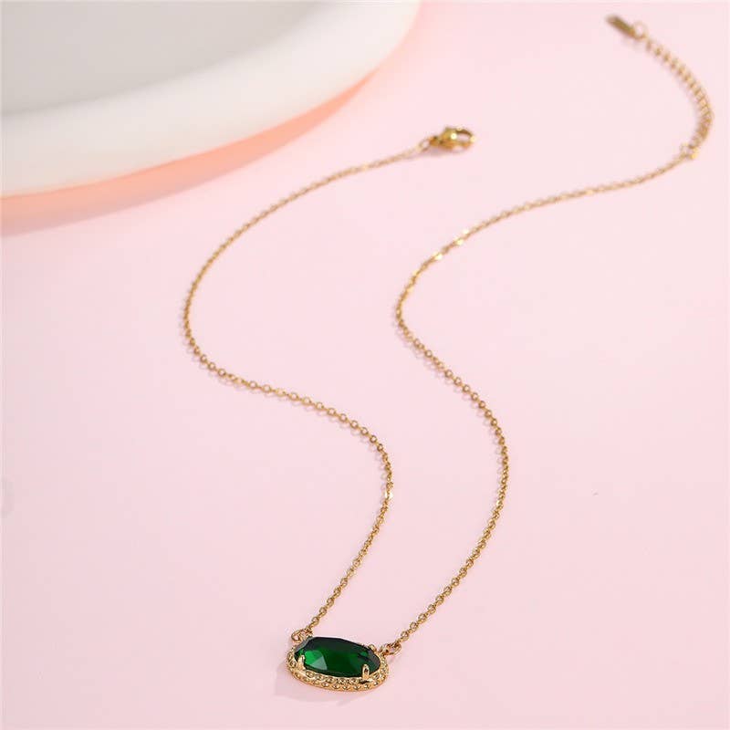 Emerald Glow Bezel Necklace | Gold Oval Gemstone Pendant Necklace