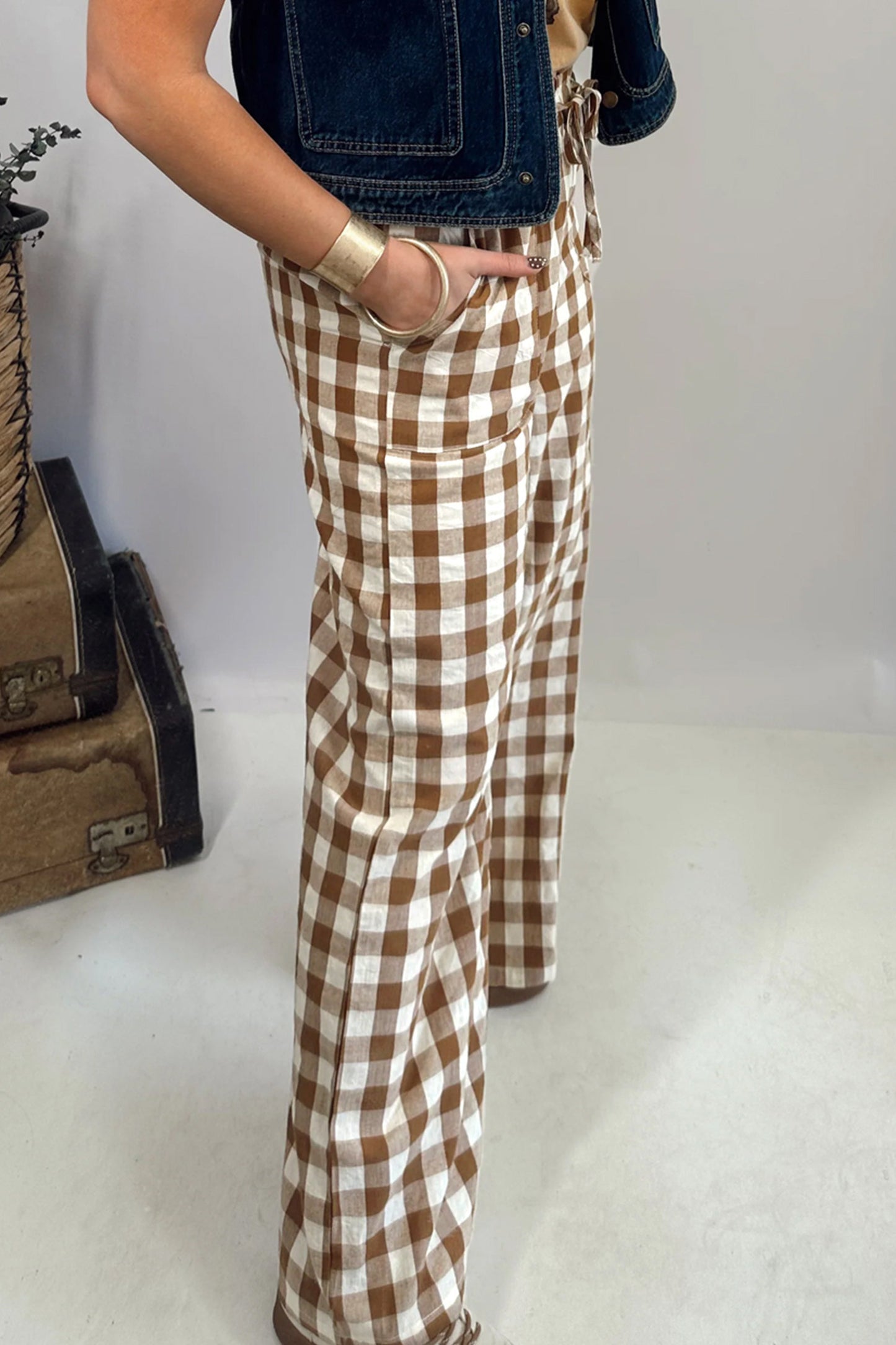 ~PREORDER ~ Brown Gingham Plaid Tie Elastic Waist Shift Pants ~PREORDER ~