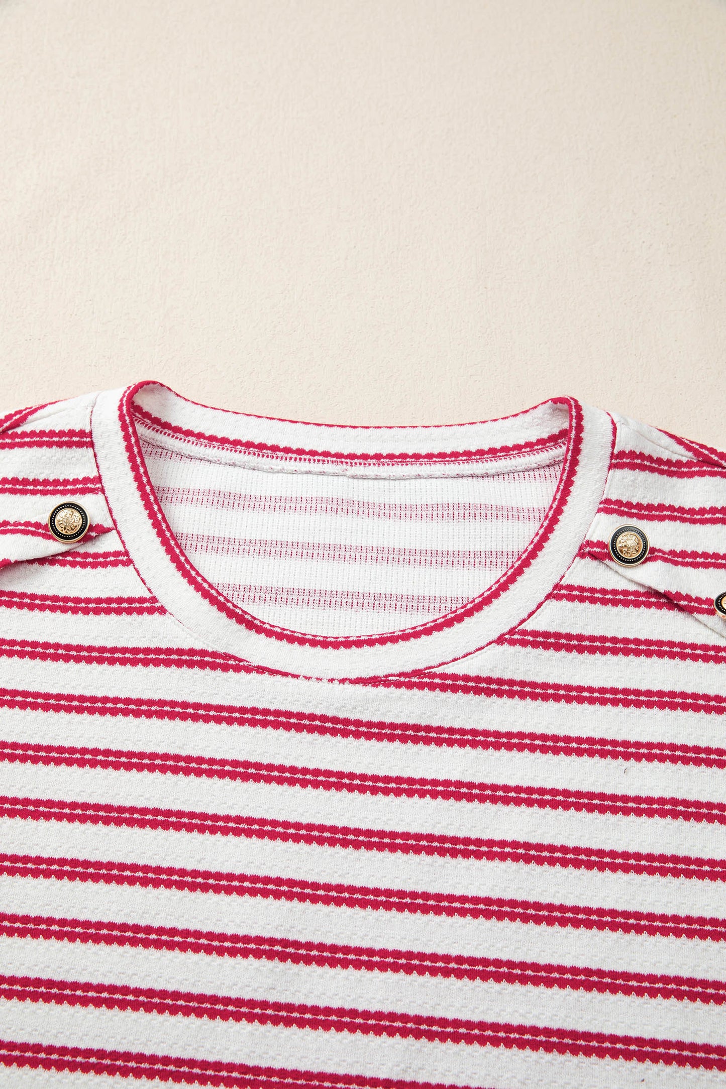 Red Stripe Textured Knit Top with Gold Button Detail – Chic Short Sleeve Boutique Tee for Women